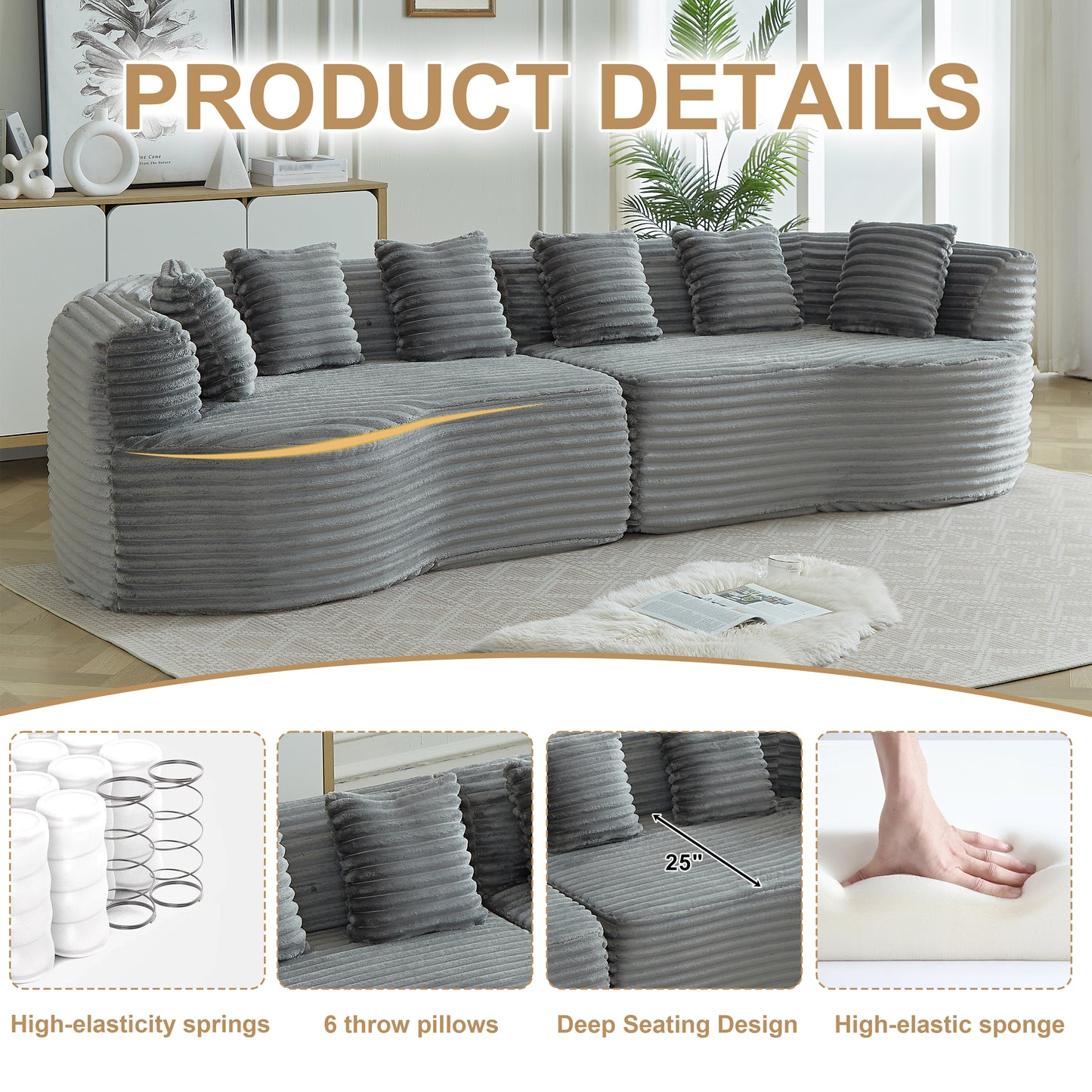 Curved Sectional Sofa, 111.5-inch Oversized Modern Bone-Free Cloud Sofa with 6 Pillows Luxury Corduroy Four-Seater Memory Foam Sofa with Deep Seat Design,grey W3505P355587 image 3