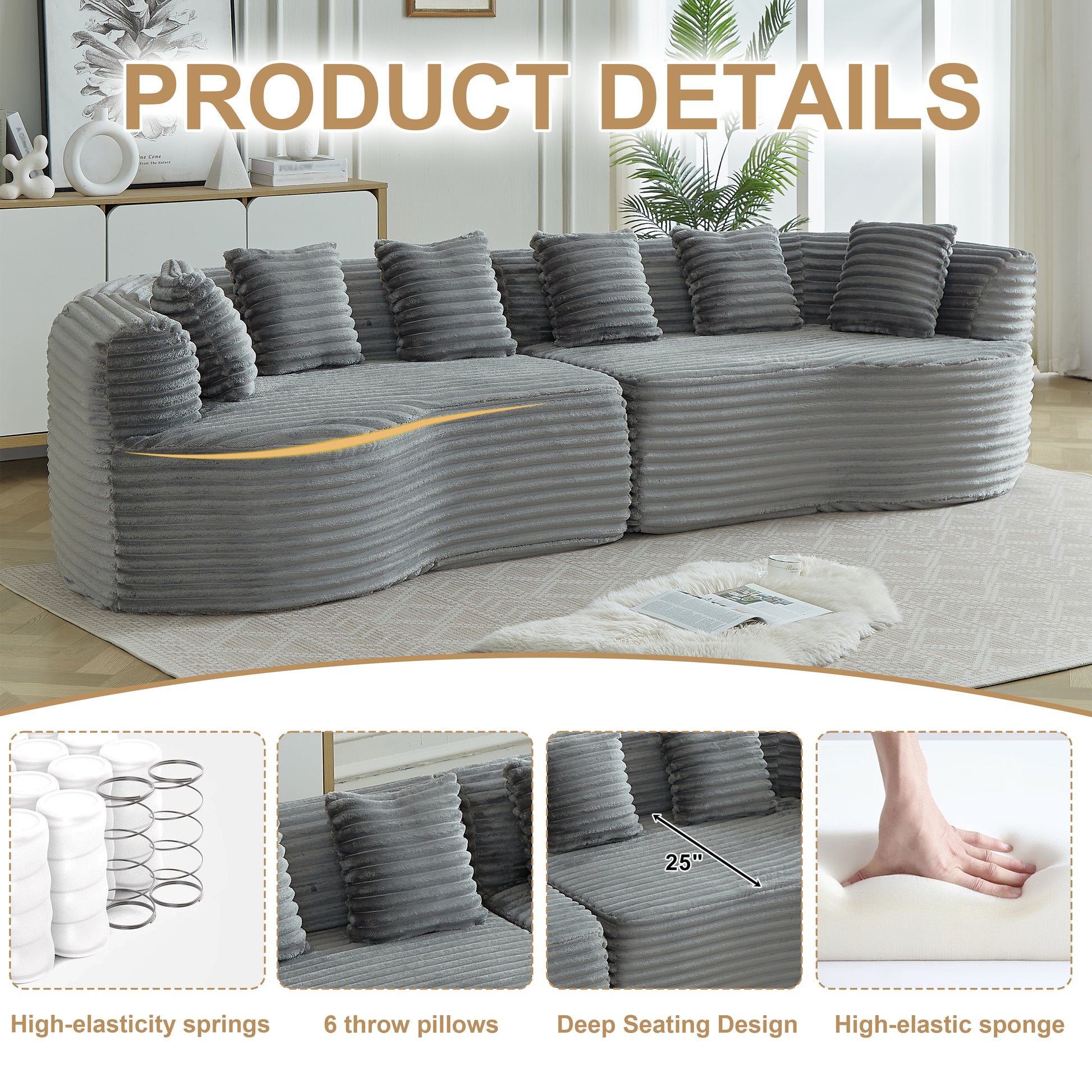 Curved Sectional Sofa, 111.5-inch Oversized Modern Bone-Free Cloud Sofa with 6 Pillows Luxury Corduroy Four-Seater Memory Foam Sofa with Deep Seat Design,grey W3505P355587 image 3