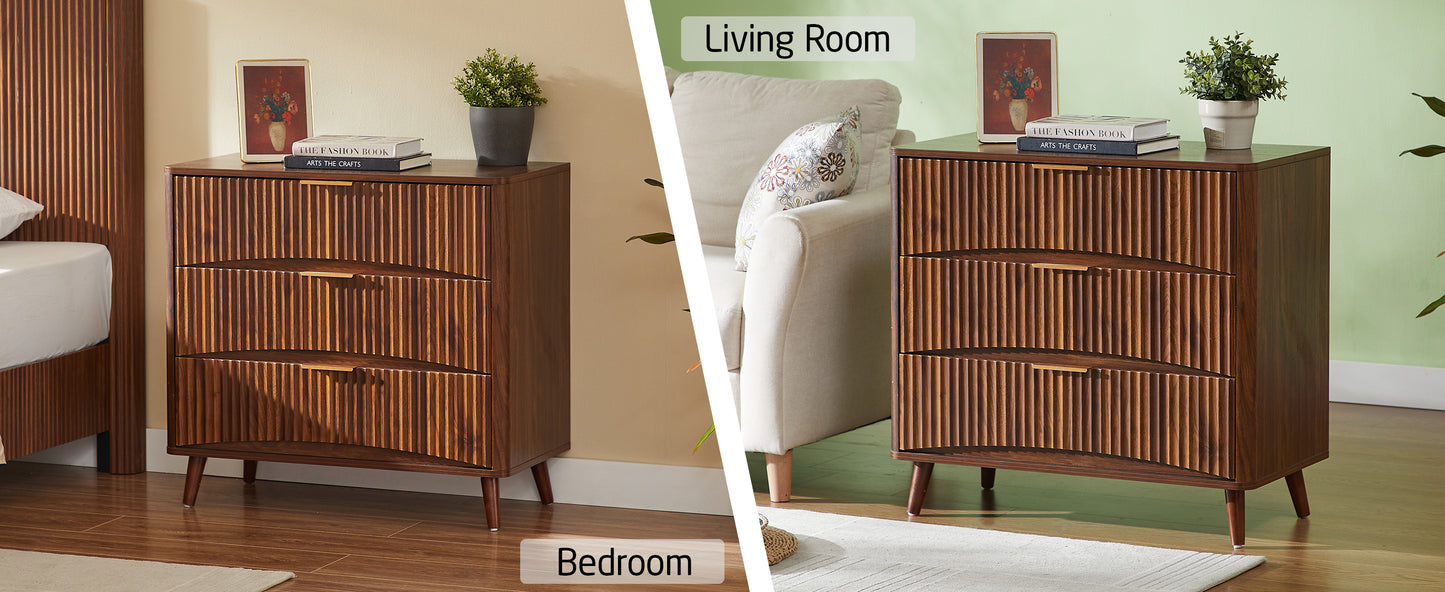 Fluted 3 Drawer Dresser, Mid-Century Modern Tall Chest of Drawers with Vertical Grooved Design, Solid Wood Storage Cabinet with Metal Handles for Bedroom Living Room, Walnut (31.5"W x 15"D x 30"H) image 7