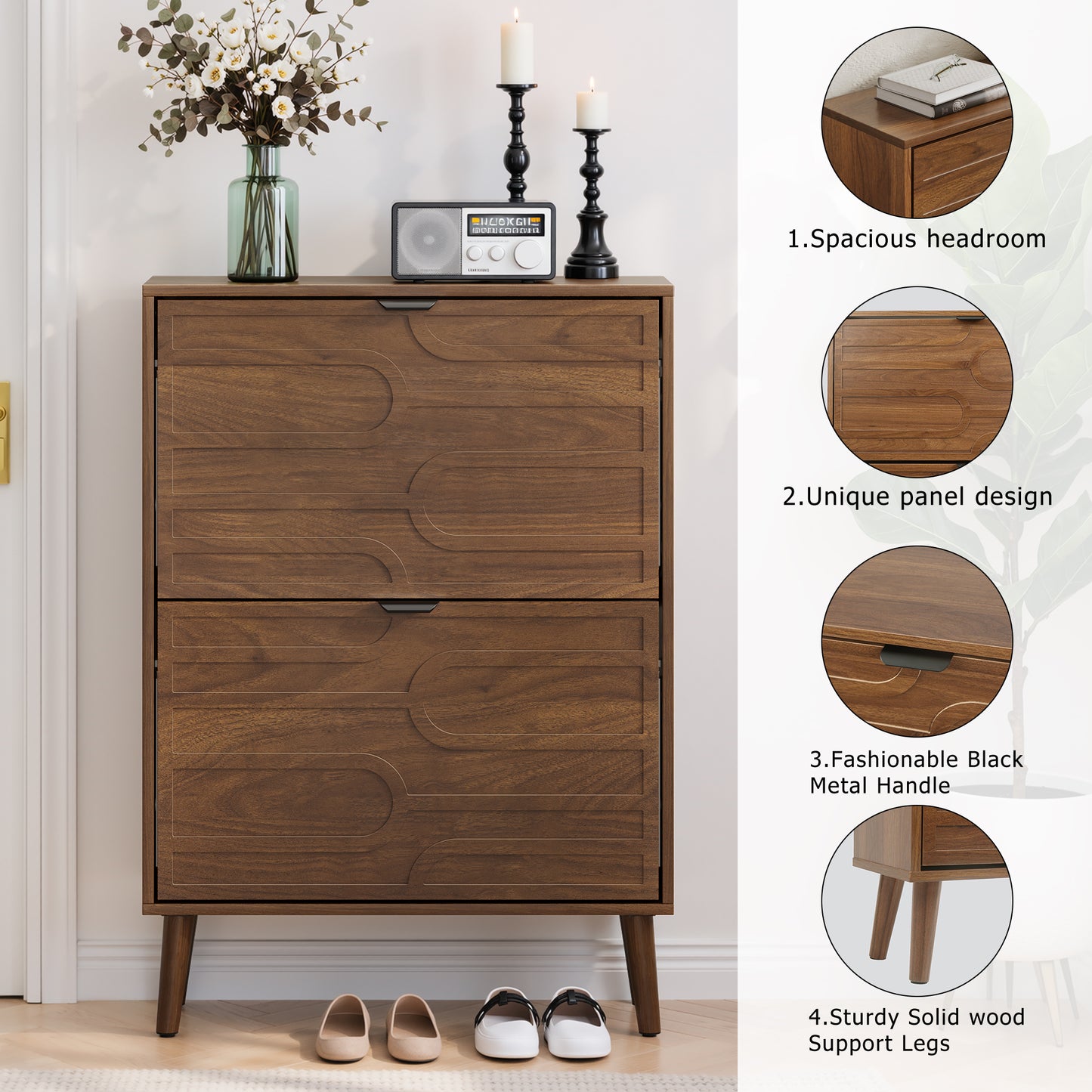 Medieval Modern Independent Shoe Cabinet, 23.62-inch Walnut Shoe Storage Cabinet, Fence Shoe Cabinet with 2 Flip Drawers, Suitable For Corridors And Entrances image 9