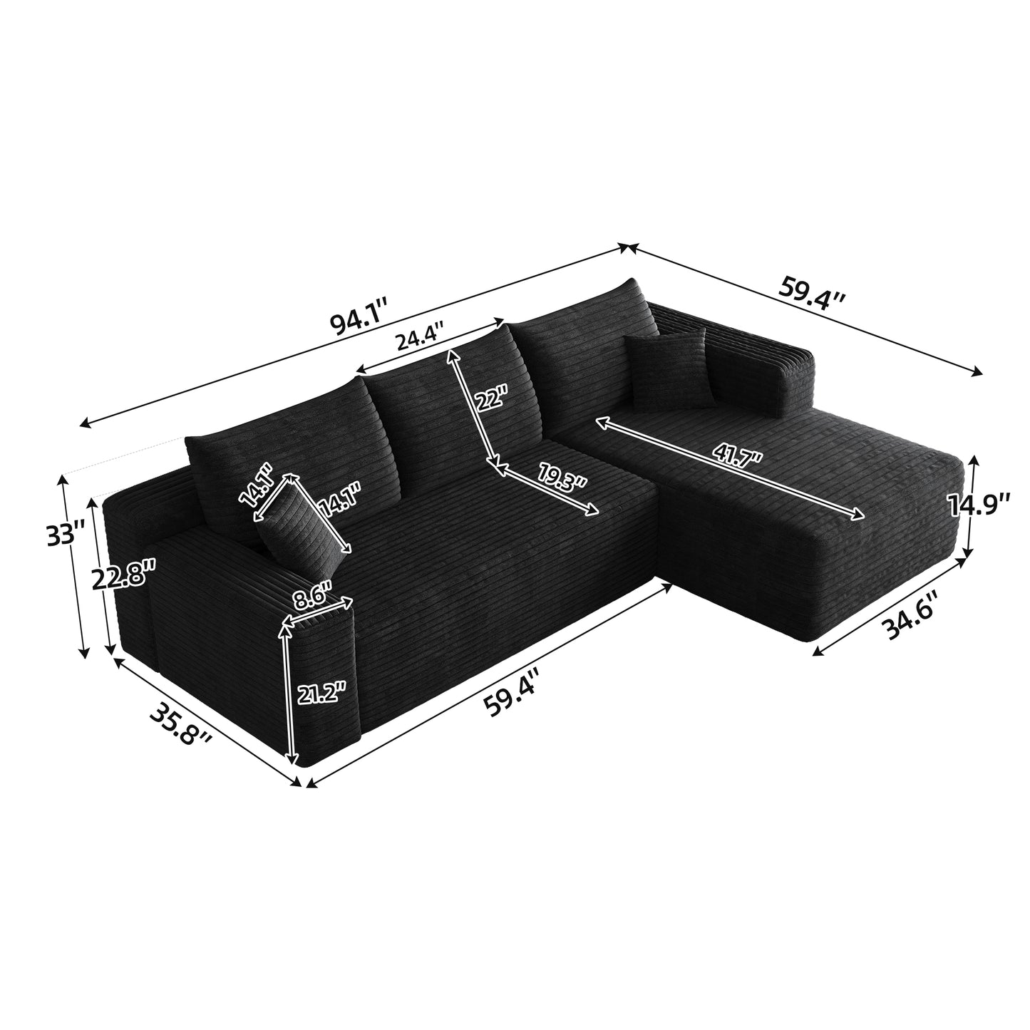 95" Cloud Sectional Sofa,Modern Minimalist Upholstered Couches, Comfort U Shaped Sofa for Living Room,Deep Seat Corner Couch,No Assembly Required,Black (Plush Corduroy Fabric) image 9