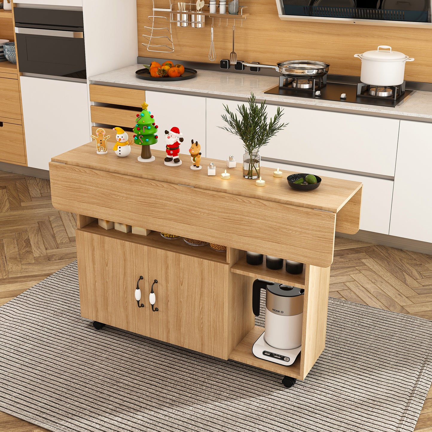 Multi-Functional Folding Table with Storage Shelves and Wheels, 47 Inch Foldable Dining Table for Small Spaces, Compact Desk for Kitchen, Dorm, Office image 1