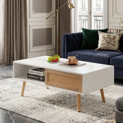 41.34" Rattan Coffee table, sliding door for storage, solid wood legs, Modern table for living room,White image 1