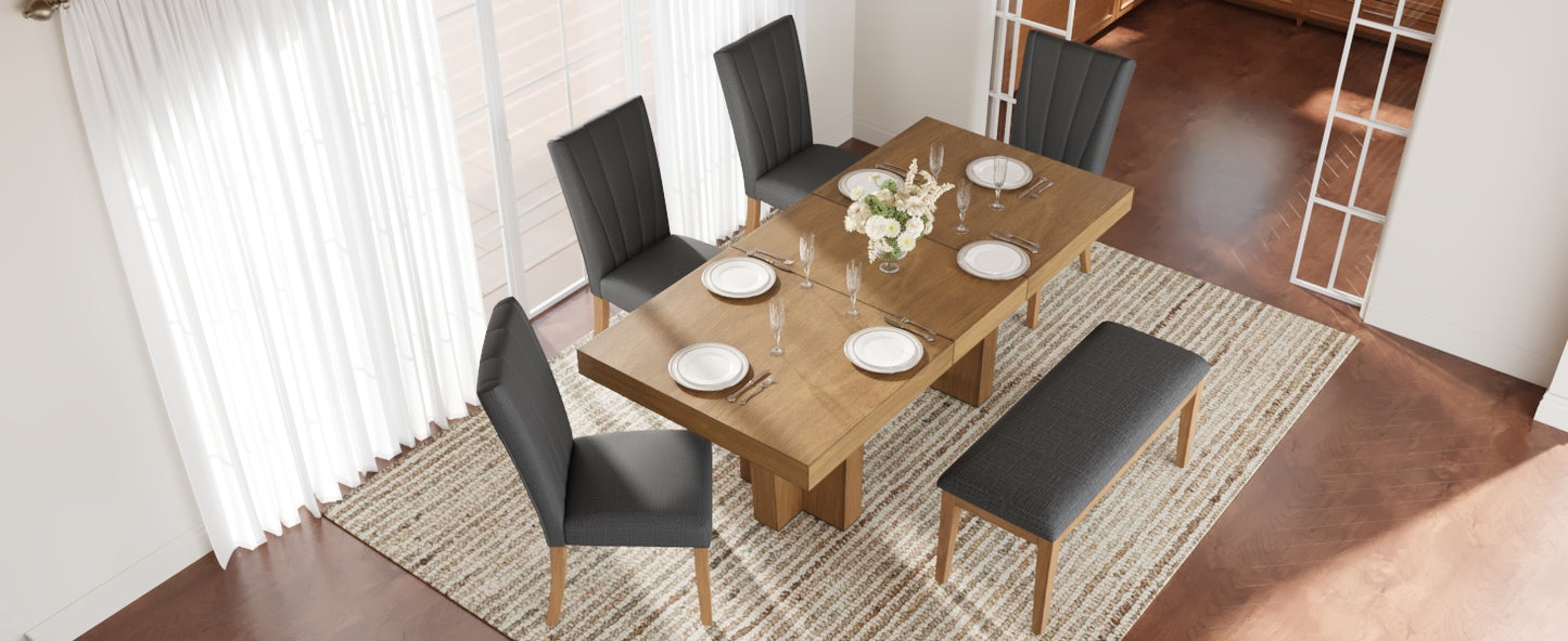 TOPMAX Farmhouse 78.1inch Extendable Wood Dining Table Set for 6, Kitchen Table Set with Bench and 4 Upholstered Chairs,3.8inch Thick Tabletop and Trestle Legs for Kitchen, Dining Room, Brown+Gray image 5