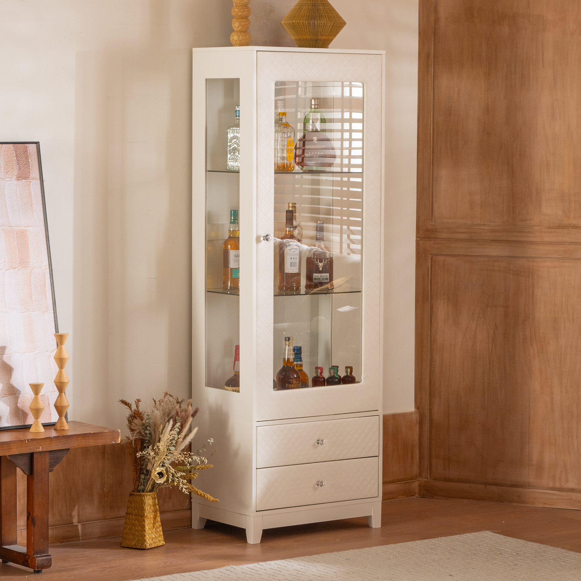 71'' Freestanding Upholstered Display Cabinet, Upholstered Glass Door Cabinet with Ceiling Light,Wine Cabinet with Adjustable Shelves, for Livingroom, Kitchen, Bar & Dining Room - White image 6