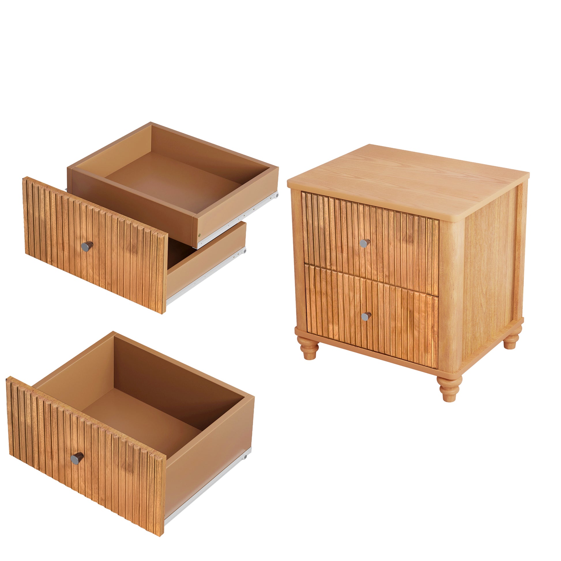 Fluted Nightstand, 21.65" Wide Side Table with 3 Drawers, Mid Century Modern Wood NightStand with Metal Handle, Wooden Bedside End Table for Bedroom, Living Room, Closet, Natural image 6