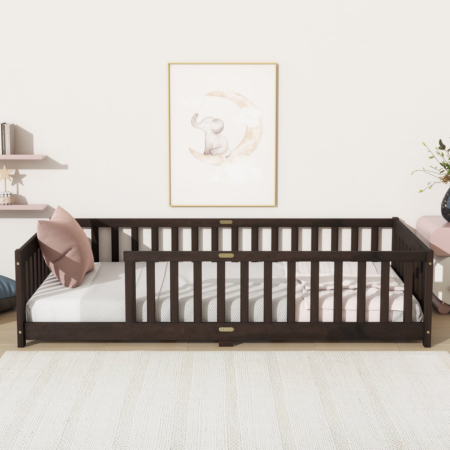 Twin Size Floor Bed with Fence without Door, Rubber Wood Floor Bed with Safety Guardrails,Espresso (Old Sku W504P286398) image 2