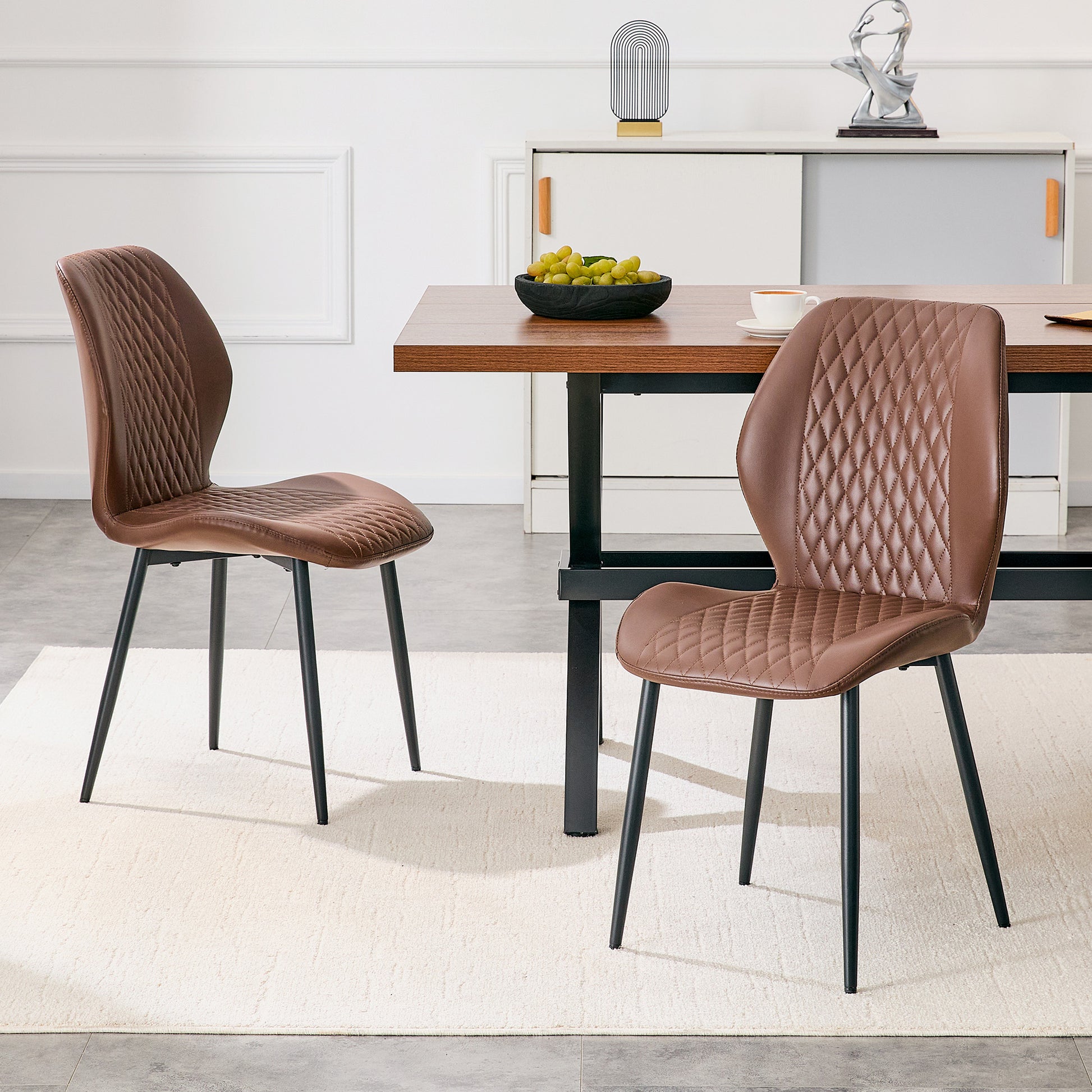 Set of 4 modern light luxury brown diamond-quilted PU chairs with black metal legs. Suitable as upholstered dining chairs with backrests for dining rooms, adaptable to a wide range of scenarios. image 3