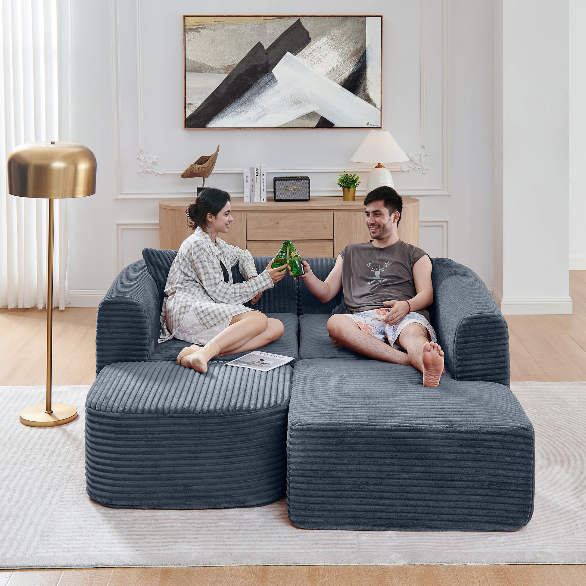114" Cloud Sectional Couch with L-Shape Chaise, Modular Sofa with Movable Ottoman, Upholstered Couches for Living Room Bedroom, No Assembly Required, Grey image 4