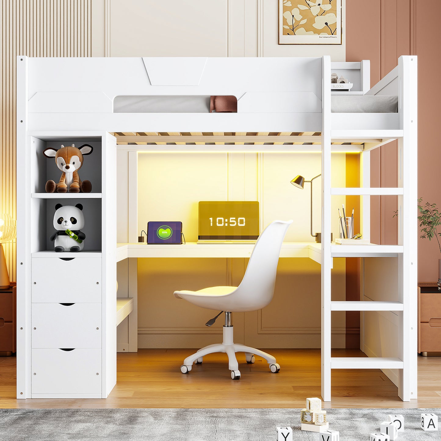 Full Size Wooden Gaming Loft Bed with U-Shaped Desk, Smart RGB LED Lights and USB Ports, Multi-Functional High Sleeper with 3 Drawers and Storage Shelves for Teens Adults, White image 2