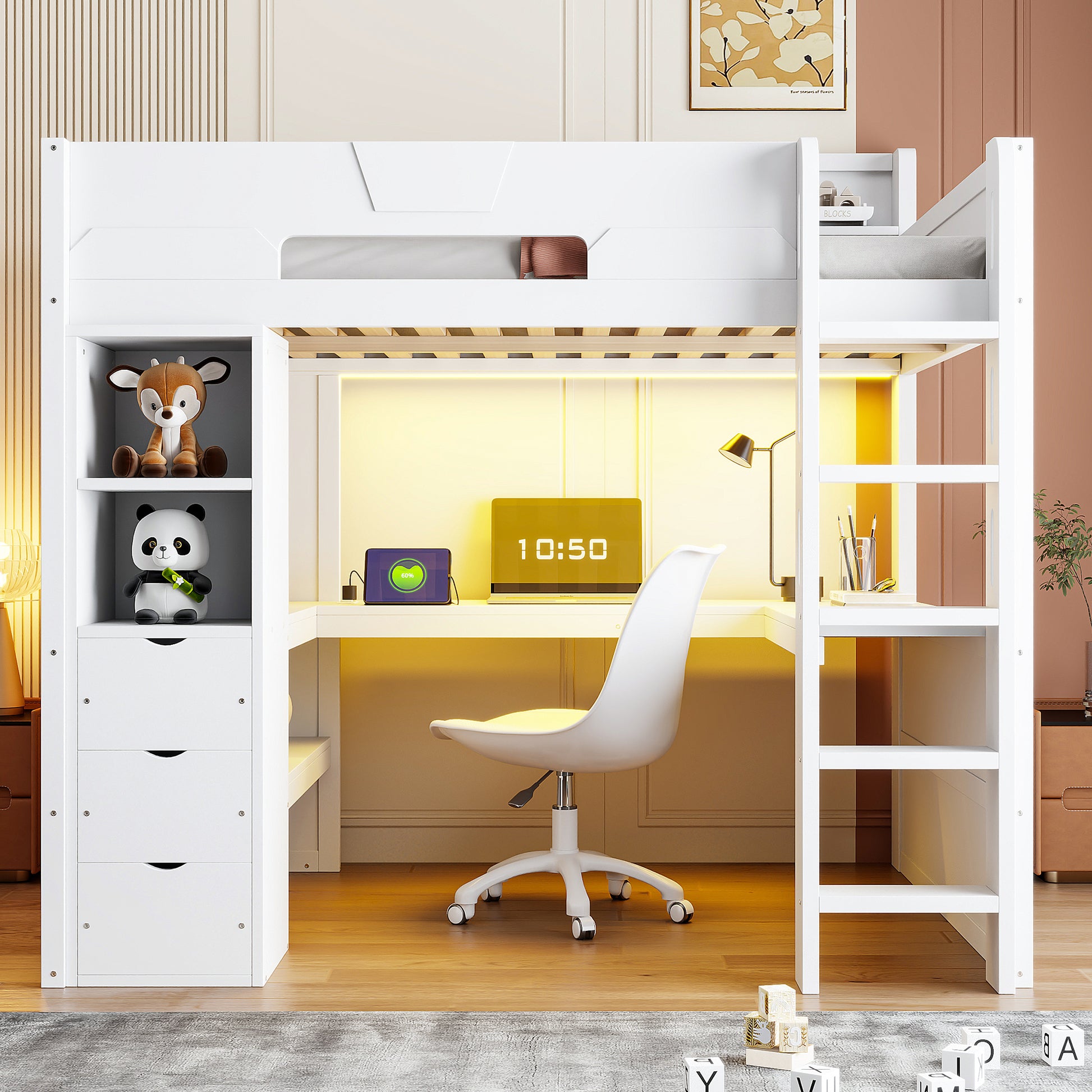 Full Size Wooden Gaming Loft Bed with U-Shaped Desk, Smart RGB LED Lights and USB Ports, Multi-Functional High Sleeper with 3 Drawers and Storage Shelves for Teens Adults, White image 2