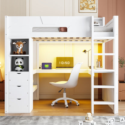 Full Size Wooden Gaming Loft Bed with U-Shaped Desk, Smart RGB LED Lights and USB Ports, Multi-Functional High Sleeper with 3 Drawers and Storage Shelves for Teens Adults, White image 2
