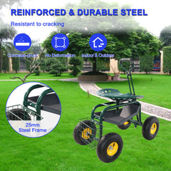 Garden trolley Rolling work chair with wheels, garden stool for planting, 360 degree swivel seat, station wagon scooter with steering handle and utility tray, for yard and outdoors, (green)