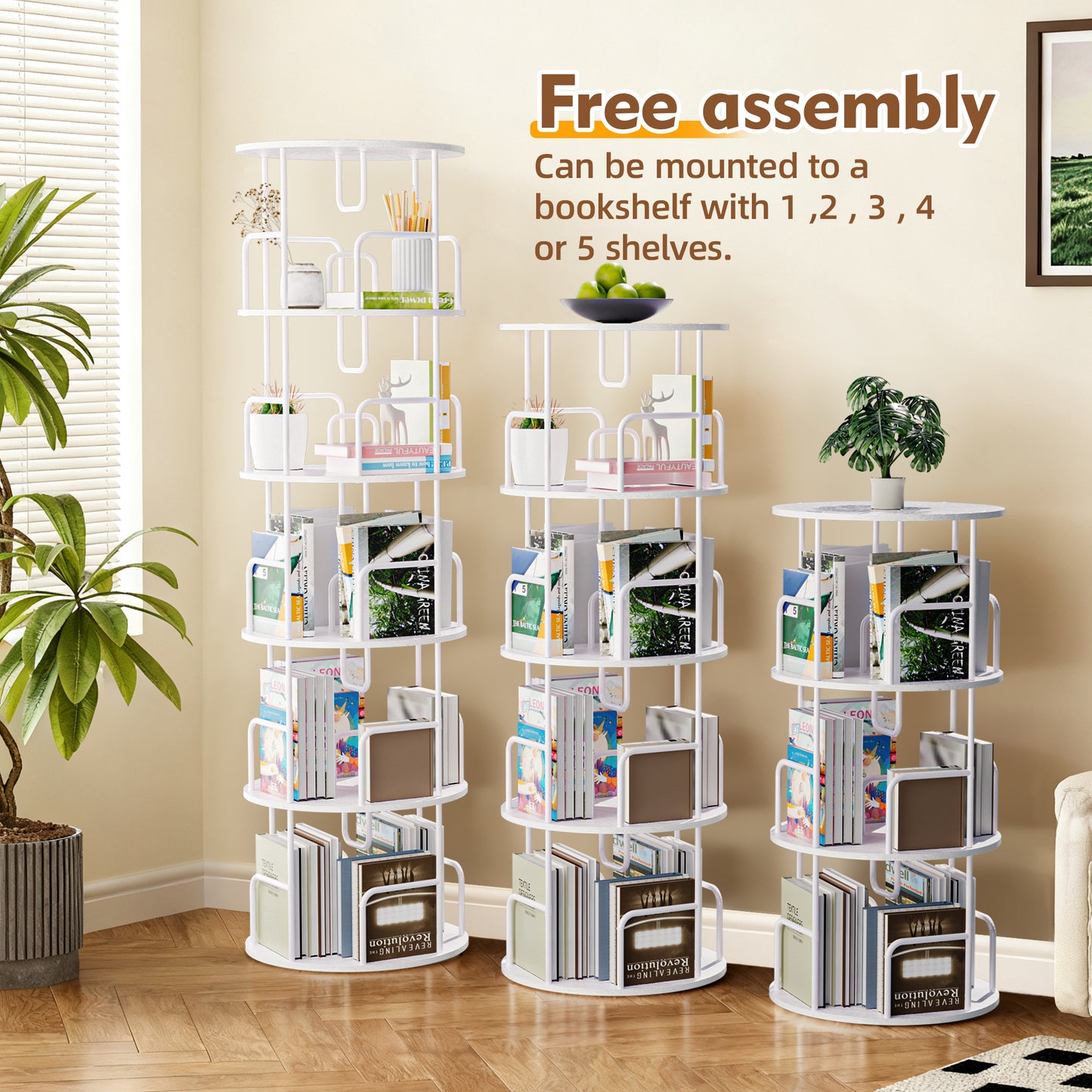 Rotating Bookshelf Tower 5 Tier,Spinning Bookcase, Revolving 360 Book Shelf Narrow Tall Bookcase, Vertical Turning Round storage Bookshelf,Book Shelf Organizer for Bedroom, Living Room, White image 8