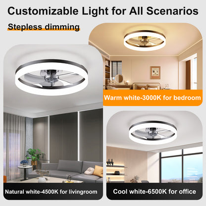 19.7'' LED Ceiling Fan Light with Remote & App Control, 6 Speeds, Dimmable, 3000K-6500K, Flush Mount BLACK Fandelier for Bedroom image 6
