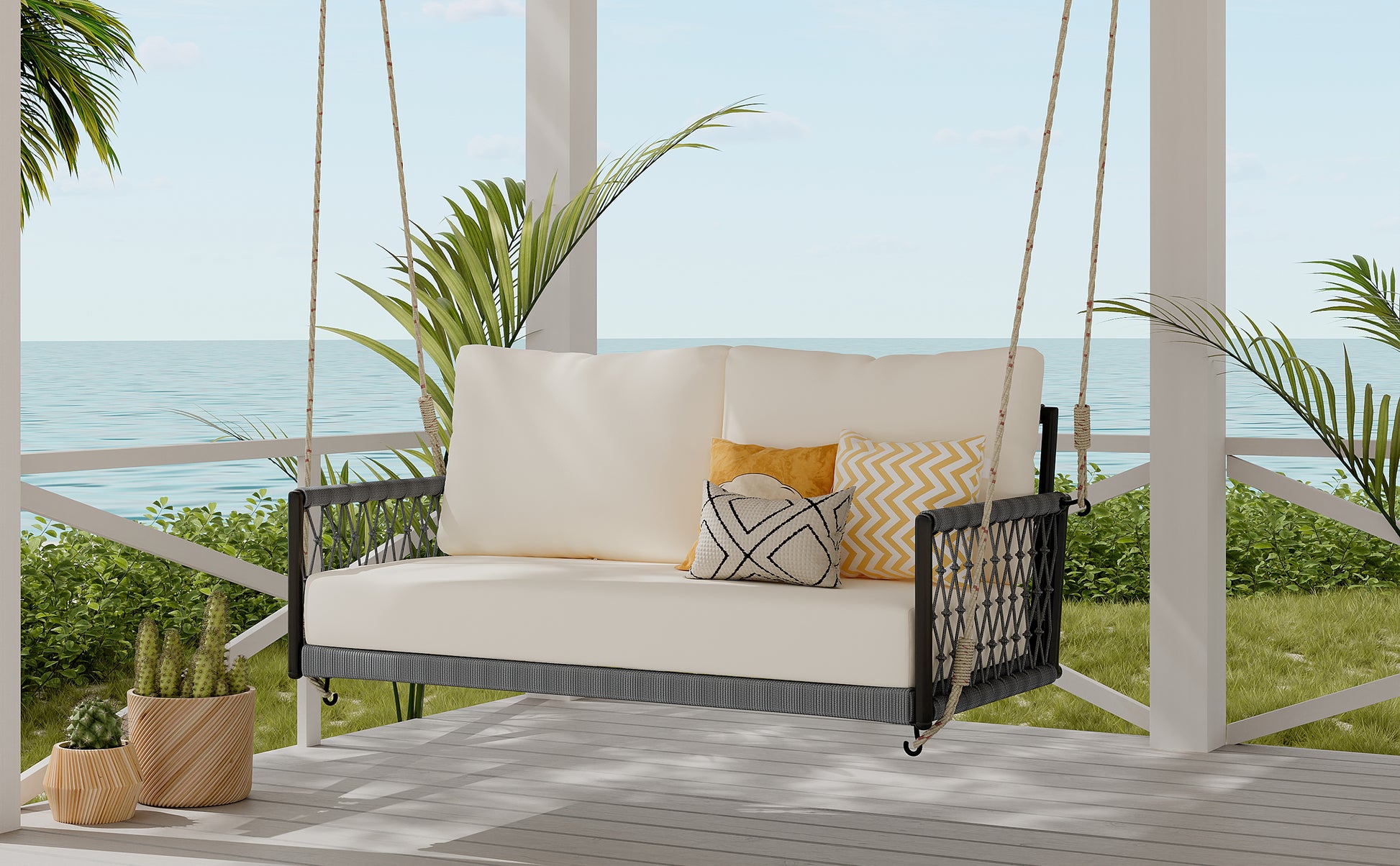 TREXM 1-Piece Woven Rope Outdoor Swing Sofa with Soft Cushions Seating 2 for Patio, Courtyard and Balcony (Beige) image 6