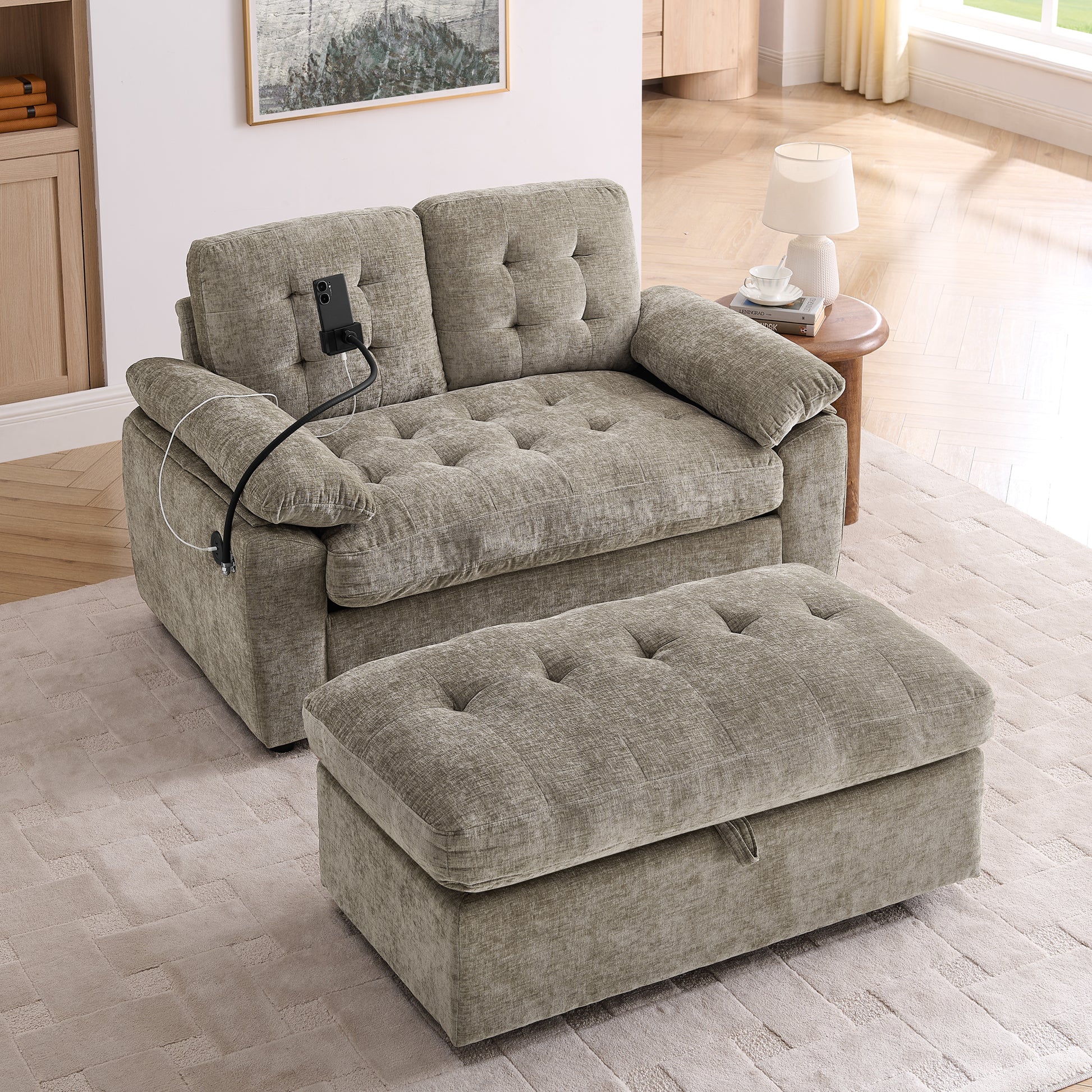 Leisure sofa chair,Double sofa recliner, with manually adjustable backrest, soft padded armrests, side USB charging port and phone stand, comes with a matching storage ottoman-Brown image 3