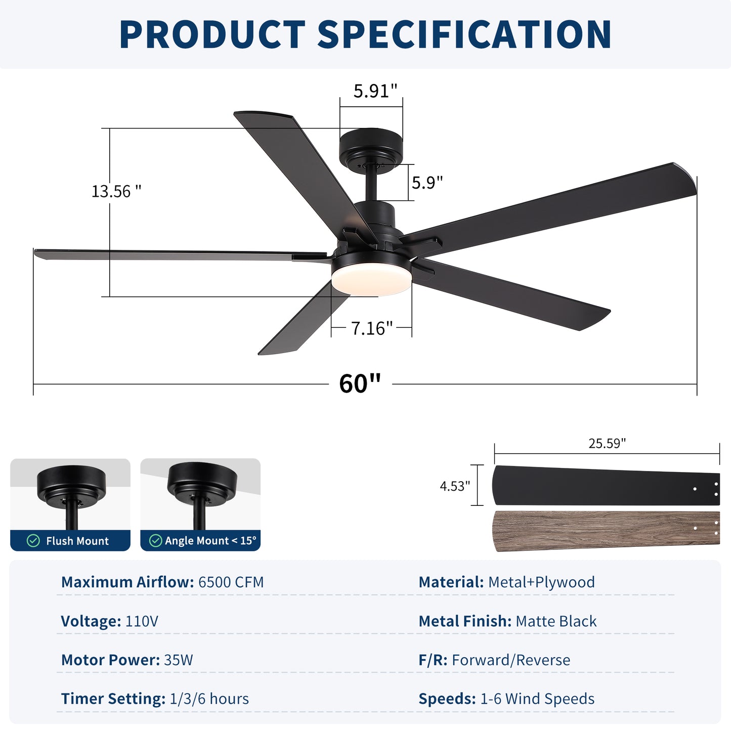60" Ceiling Fan with Lights and Remote, Modern Farmhouse Ceiling Fan with Quiet DC Motor, 6 Speeds, Reversible Blades, Dimmable 3CCT LED Light, Indoor Outdoor Large Room Matte Black Ceiling Fan image 7