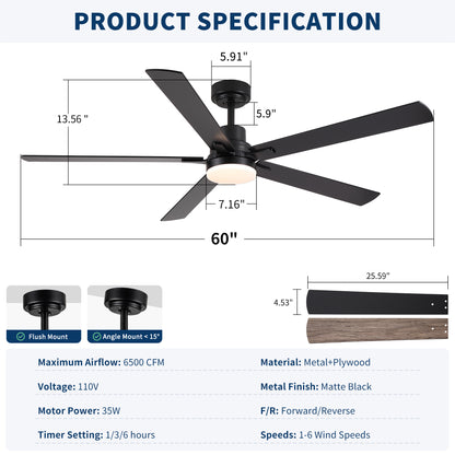 60" Ceiling Fan with Lights and Remote, Modern Farmhouse Ceiling Fan with Quiet DC Motor, 6 Speeds, Reversible Blades, Dimmable 3CCT LED Light, Indoor Outdoor Large Room Matte Black Ceiling Fan image 7