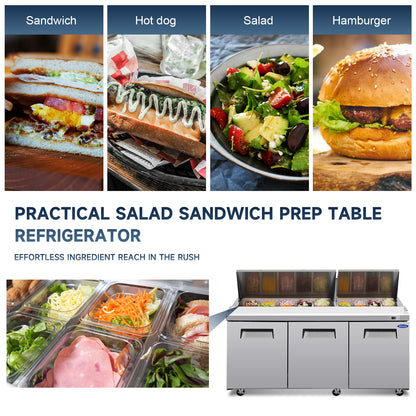 Orikool 72 IN Commercial Refrigerators Sandwich&Salad Prep Table with a Butcher Block Cutting Board, Protection Lid, Cold Storage, ETL Certified image 2