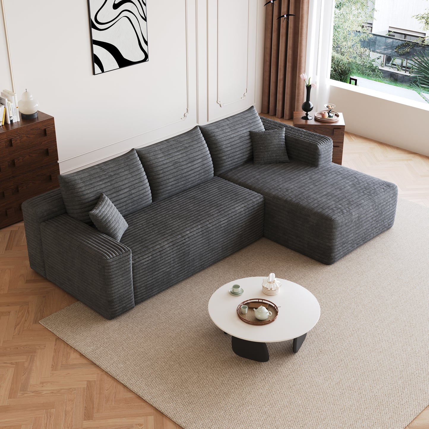 95" Cloud Sectional Sofa,Modern Minimalist Upholstered Couches, Comfort U Shaped Sofa for Living Room,Deep Seat Corner Couch,No Assembly Required,Dark Grey((Plush Corduroy Fabric) image 4