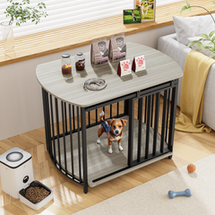 GO 31.5" Furniture Style Dog Crate for Small and Medium Dogs, Wooden Cage Indoor Kennel Furniture, Modern Dog Crate End Table with Double-Doors, Gray