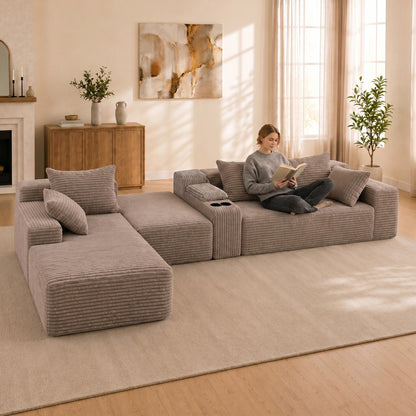 144 inch corduroy U-shaped modular segmented sofa, large seat depth convertible form, with cup holder and storage space, modern Nordic comfortable sofa bed, suitable for large living rooms, apartments image 1