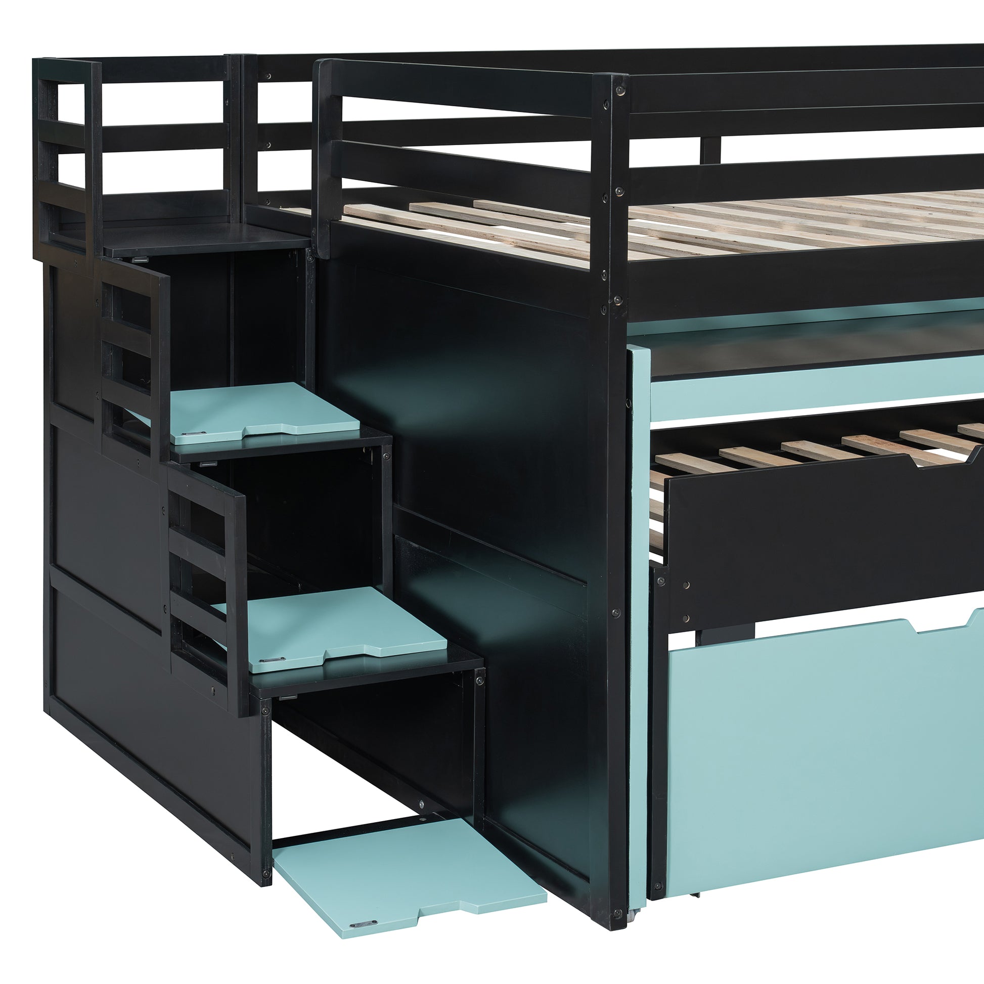 Full XL Loft Bed with Pull-Out Desk and Twin Trundle, Multi-Functional Bunk Bed with 2 Storage Drawers and Storage Steps, Space-Saving Gaming & Workstation Bedframe, Black+Blue image 10