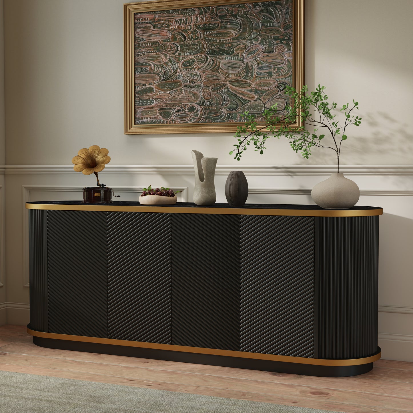 63" Diagonal Fluted Sideboard Cabinet with Storage, 4-Door Buffet Credenza TV Stand with Gold Trim, Black Faux Marble-Top Console Table, Modern Storage Cabinet for Dining Room, Living Room, Black image 1