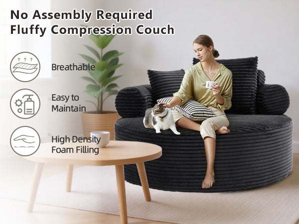 Round Sofa Bed with Memory Foam Sectional Couches for Living Room, Cloud Couch with three pillows, Black image 3