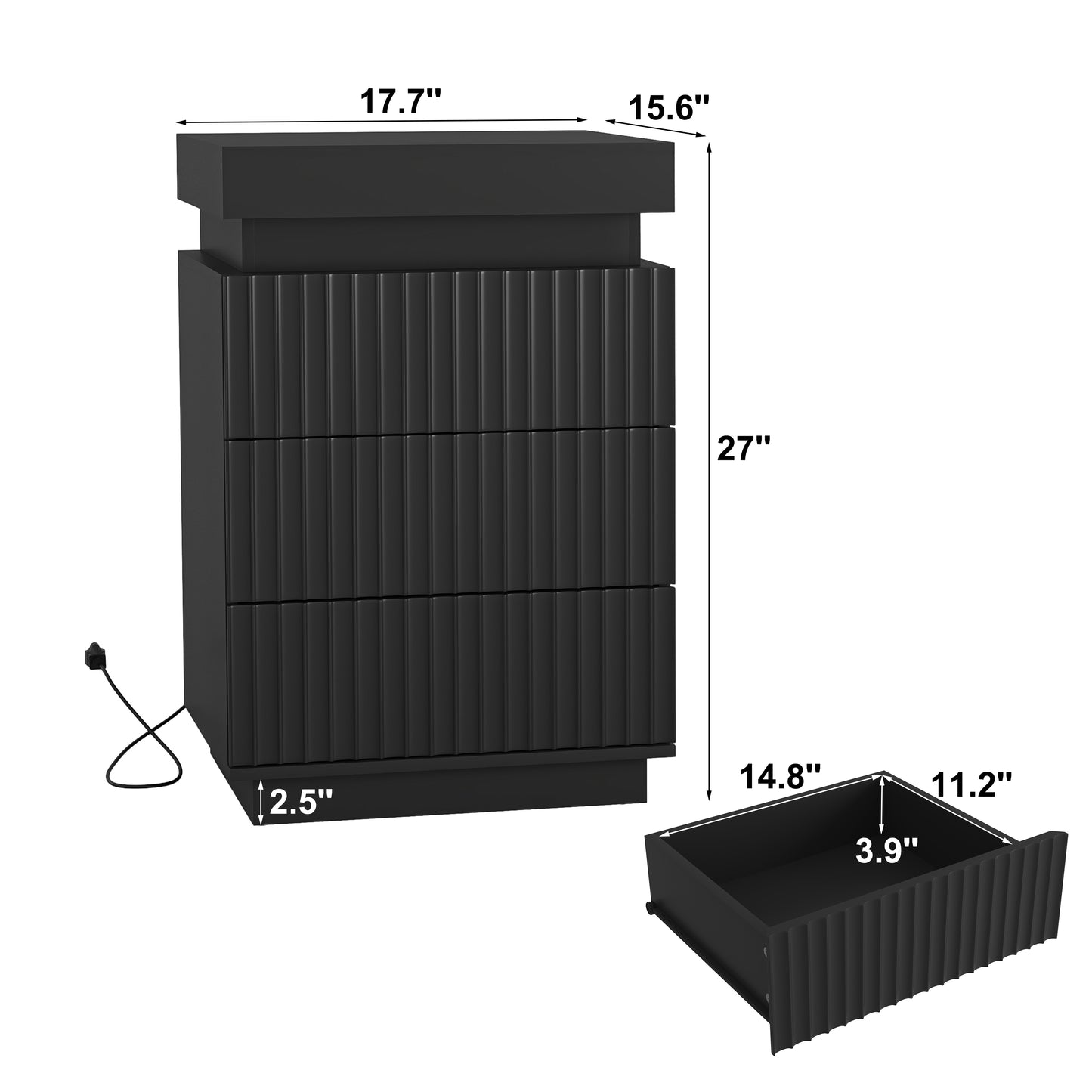 (Set of 2) Black Nightstand Set of 2 with Charging Station & LED Lights, Fluted Wave Panel Bedside Table with Sliding Top Hidden Storage, Night Stand for Bedroom Living Room image 5