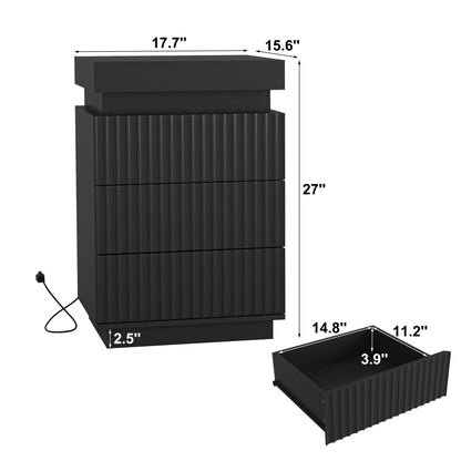 (Set of 2) Black Nightstand Set of 2 with Charging Station & LED Lights, Fluted Wave Panel Bedside Table with Sliding Top Hidden Storage, Night Stand for Bedroom Living Room image 5