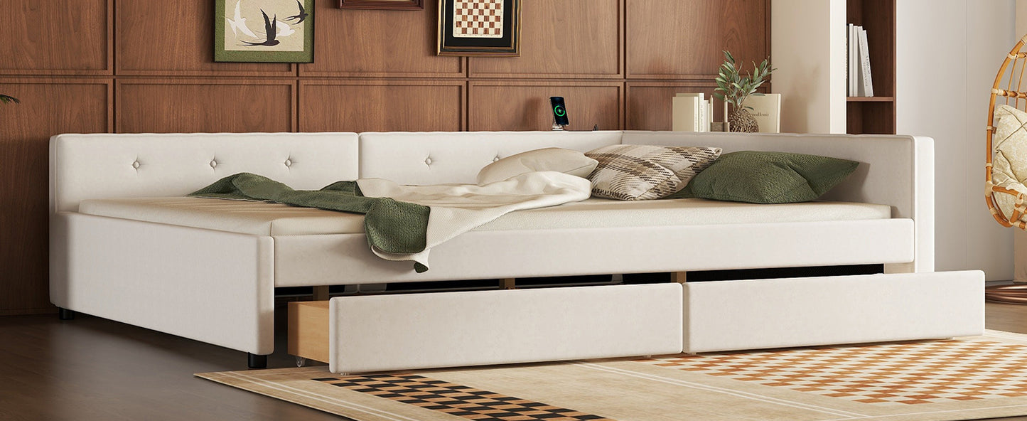 Queen Size Upholstered Platform Bed with USB and 2 Drawers, Beige image 6