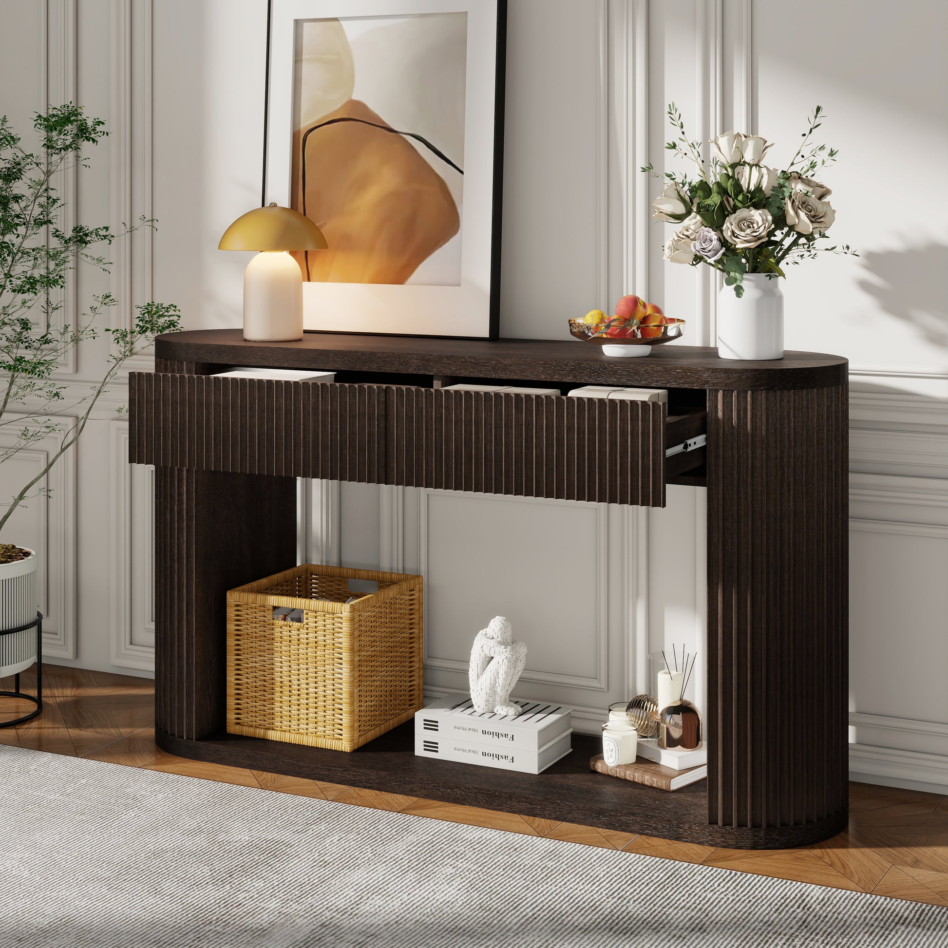 TREXM Oval Fluted Console Table with 2 Drawers and Bottom Shelf, Wood Entryway Table with Smooth Metal Slides for Living Room, Entryway (Espresso) image 1