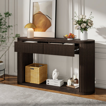 TREXM Oval Fluted Console Table with 2 Drawers and Bottom Shelf, Wood Entryway Table with Smooth Metal Slides for Living Room, Entryway (Espresso) image 1