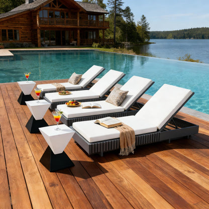 Dark Gray Acacia Solid Wood Outdoor Chaise Lounge with Cream Water-Repellent Cushion, 400lbs Capacity, Modern Patio Sun Lounger for Garden, Poolside image 6