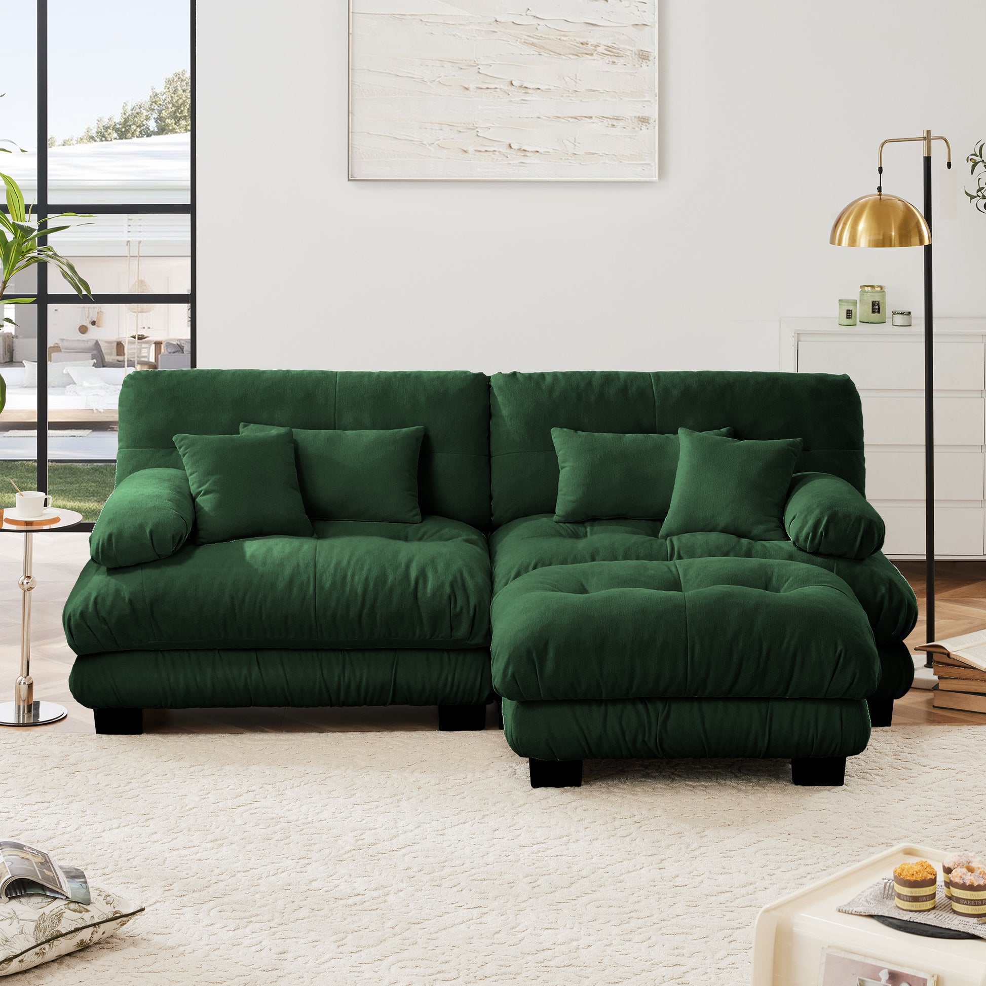 Cloud Couch Sectional Sofa for Living Room, Chenille 2 Seater Sofa with 2 Lumbar pillows and 2 throw pillows, Upholstered Wide Arm Sofa with Convertible Ottoman,Chenille Green image 3