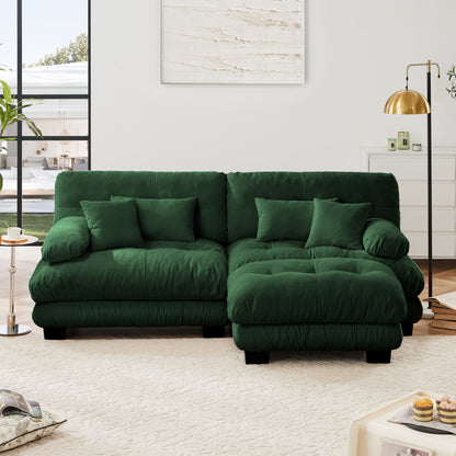 Cloud Couch Sectional Sofa for Living Room, Chenille 2 Seater Sofa with 2 Lumbar pillows and 2 throw pillows, Upholstered Wide Arm Sofa with Convertible Ottoman,Chenille Green image 3