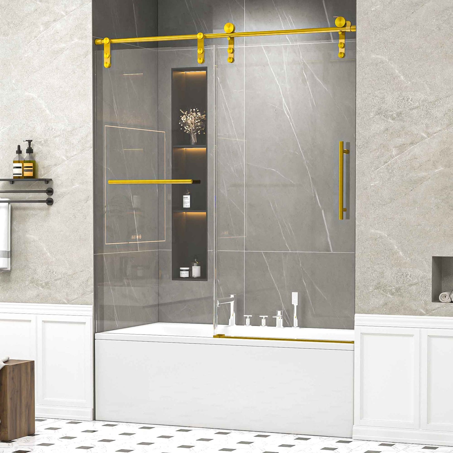 56-60" W * 66" H Frameless Single Sliding Shower Doors, Bathroom Sliding Shower Door With Towel Rail And Auxiliary Handle, 5/16" (8mm) Thick SGCC Tempered Glass Door, Brushed Gold (No Soft-Close) image 1