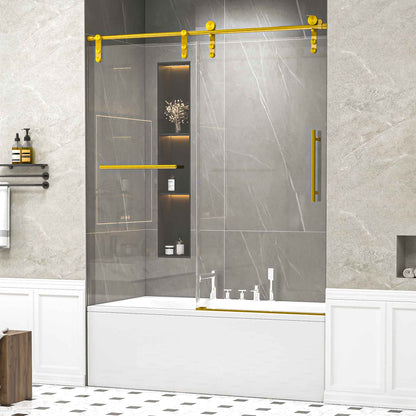 56-60" W * 66" H Frameless Single Sliding Shower Doors, Bathroom Sliding Shower Door With Towel Rail And Auxiliary Handle, 5/16" (8mm) Thick SGCC Tempered Glass Door, Brushed Gold (No Soft-Close) image 1