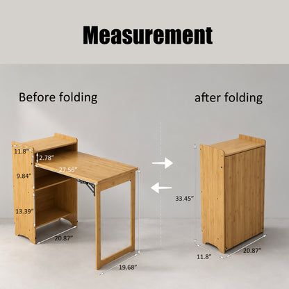 Bamboo Folding Desk, Foldable Desk for Small Space, Computer Desk with Hidden Storage, Mid Century Foldable Table for Home Office and Bedroom (NATURAL WOOD) image 2