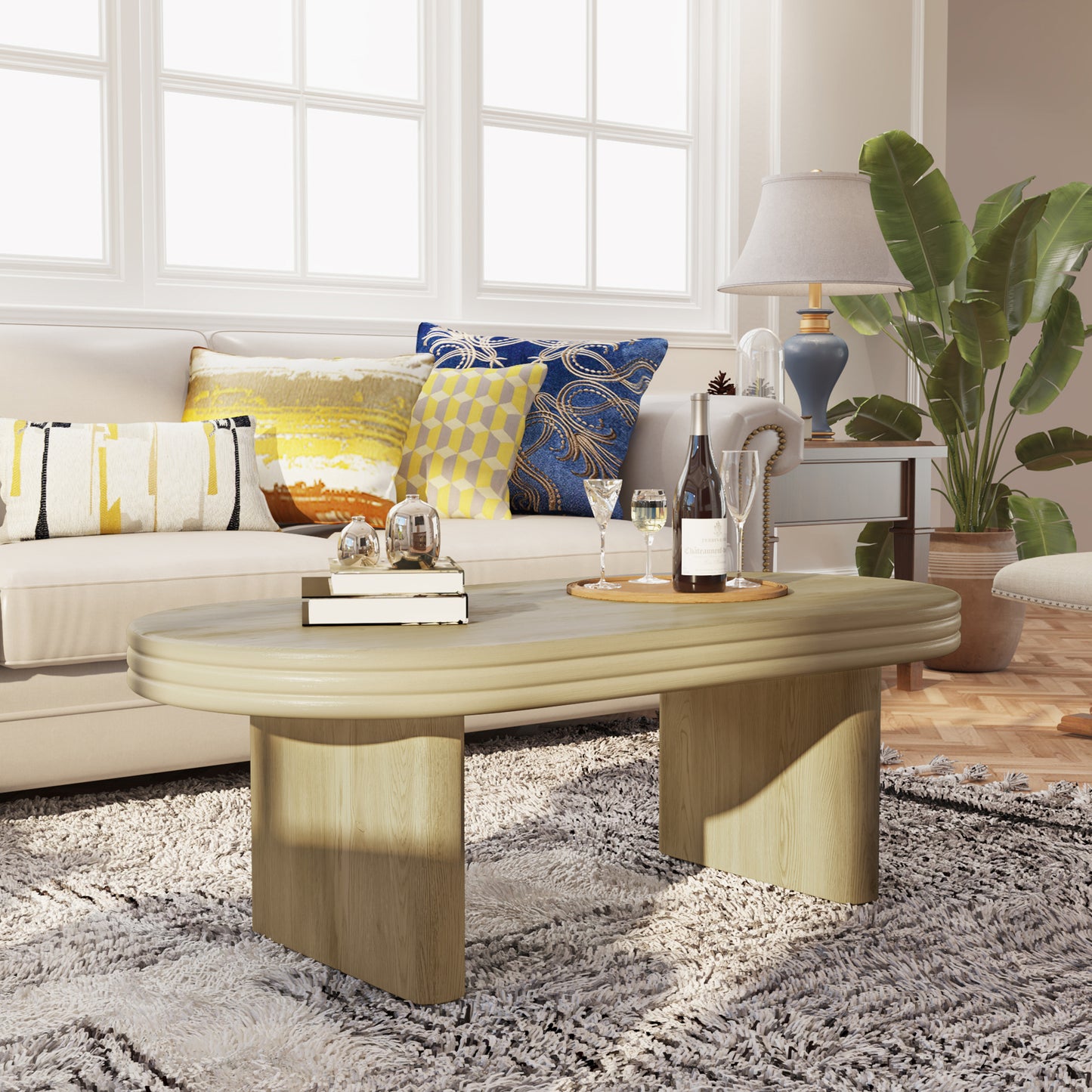 Mid Century Modern Oval Fluted Coffee Table, Farmhouse Wood Coffee Table, Cocktail Table, Center Table for Living Room, Office, Home Decor(Natural, 23.62" D x 47.24" W x 16.34" H) image 10