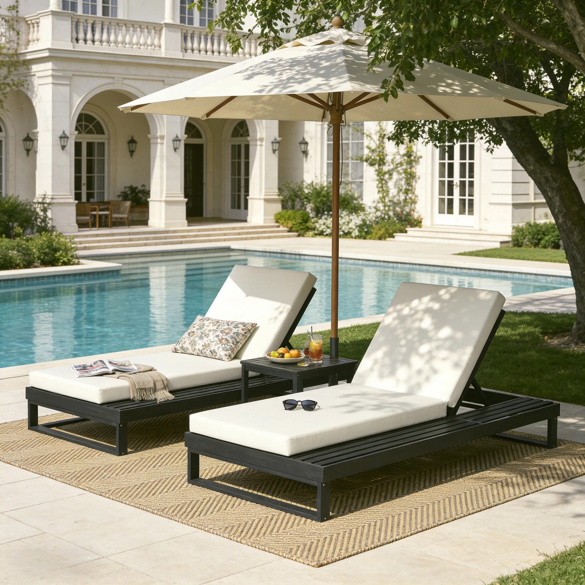 Black Acacia Wood Chaise Lounge with 4-Inch Cream 2-FoldCushion Set, 4-Position Adjustable Outdoor Patio Lounger with Flat Side Surface, for Poolside- Matching dark grey version available image 6
