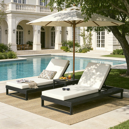 Black Acacia Wood Chaise Lounge with 4-Inch Cream 2-FoldCushion Set, 4-Position Adjustable Outdoor Patio Lounger with Flat Side Surface, for Poolside- Matching dark grey version available image 6