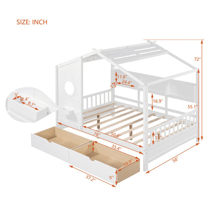 Wooden Full Size House Bed with 2 Drawers,Kids Bed with Storage Shelf, White(Old SKU: HL000052AAK) image 9