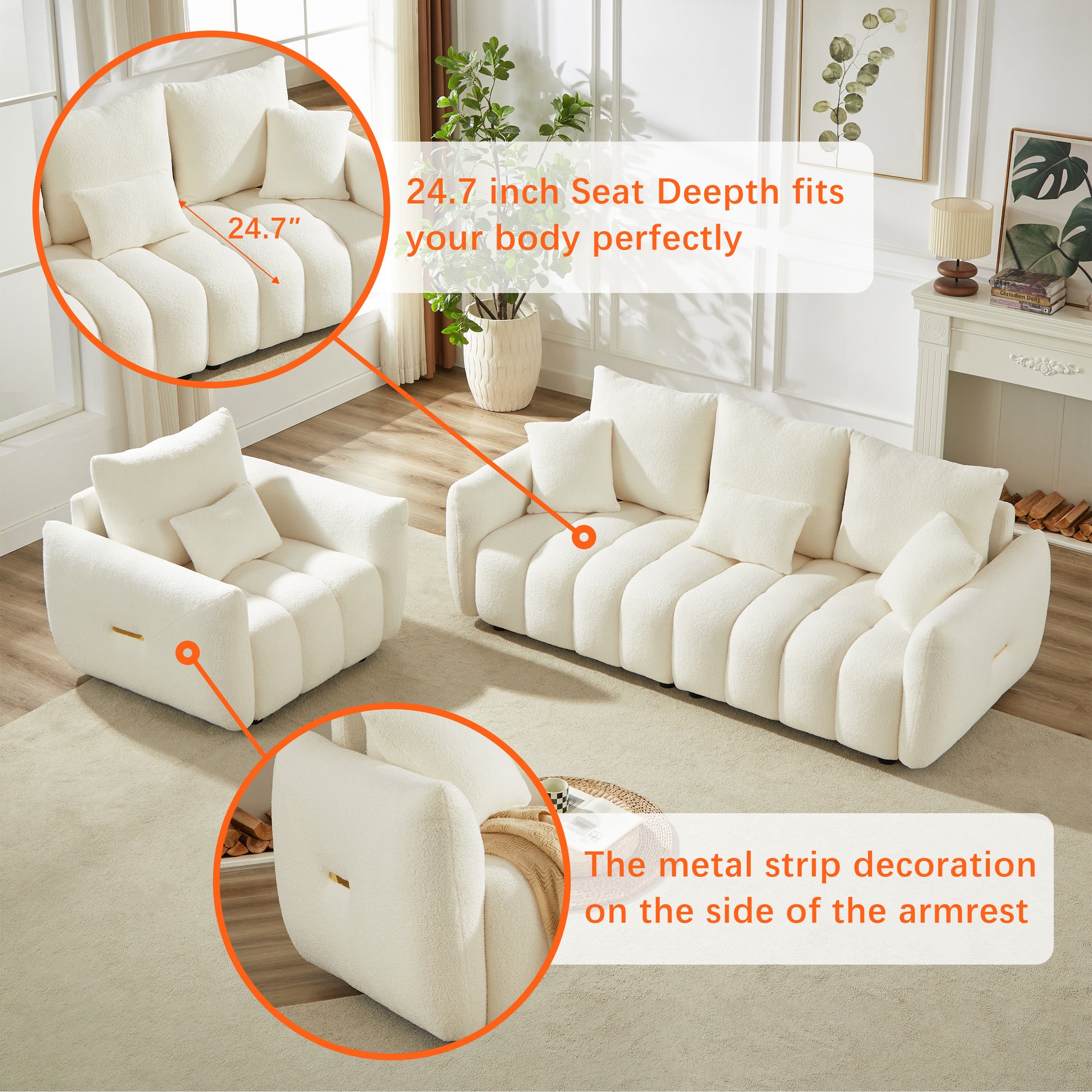 1 Seater + 3 Seater + 3 Seater, Combo Sofa Modern Living Room Sofa, Teddy Sofa, Wooden Frame, 7 Cushions, Apartment Sofa Furniture image 10