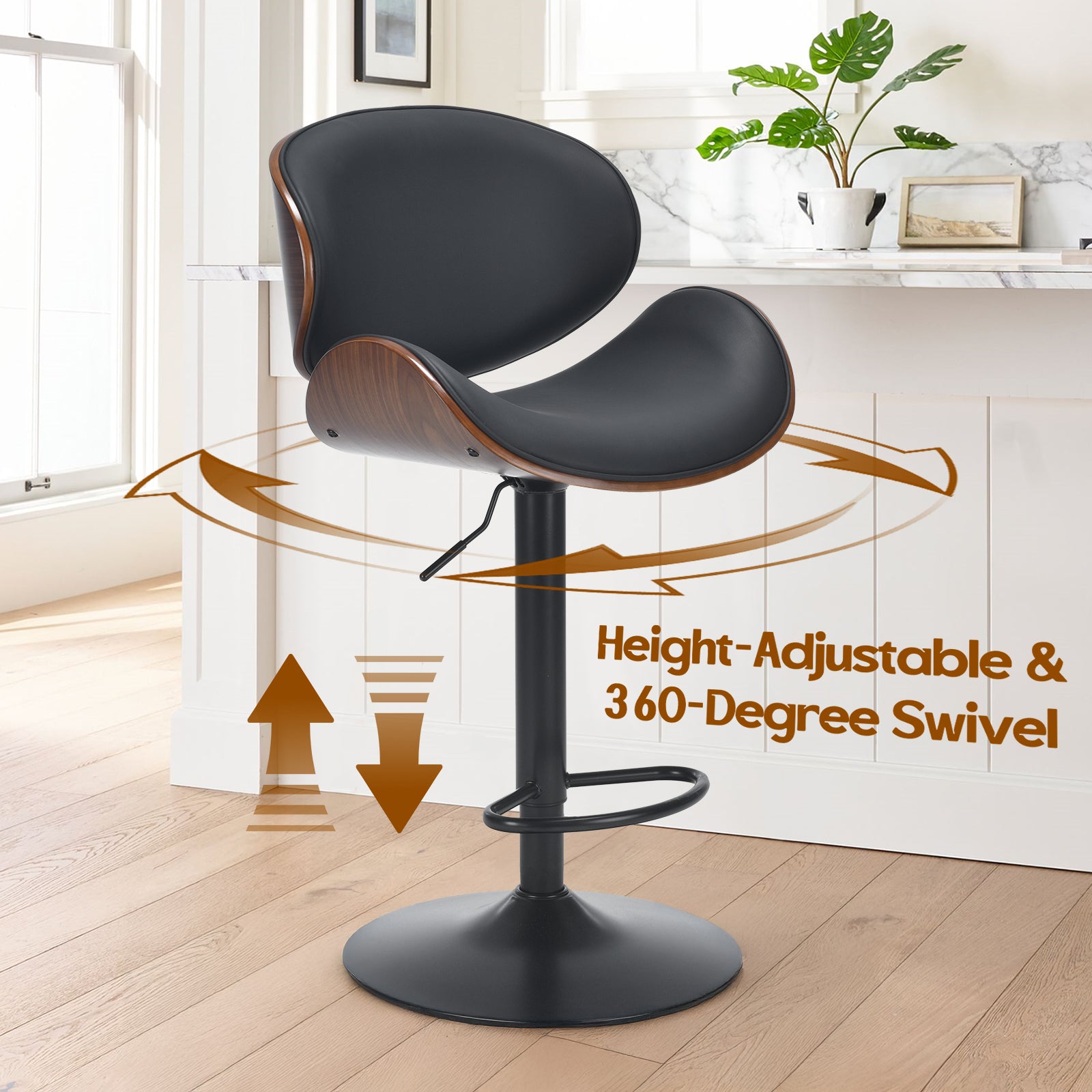 Swivel Bar Stools Set of 2 Adjustable Height Bentwood Barstools with PU Leather Upholstered Seat, Backrest and Footrest,Modern Kitchen Counter Chairs for Bar, Dining Room image 6