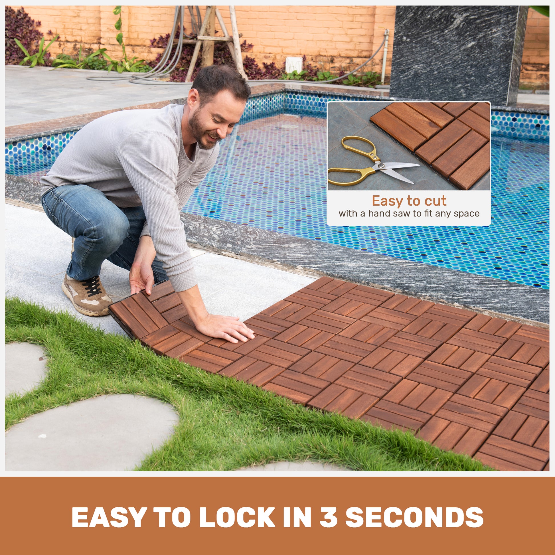 Acacia Wood Interlocking Deck Tiles Checker Pattern, 10PCS 12" x 12" Square Brown Acacia Hardwood Outdoor Flooring for Patio, Bancony, Pool Side,.. image 10