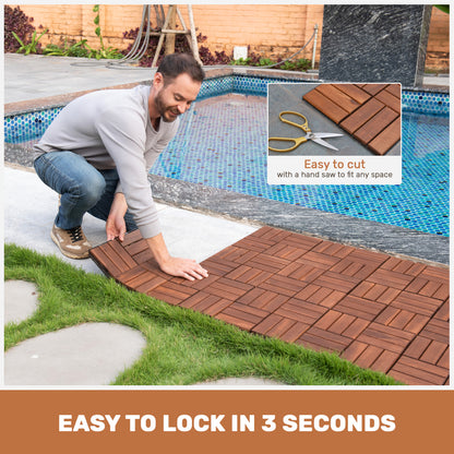 Acacia Wood Interlocking Deck Tiles Checker Pattern, 20 PCS 12" x 12" Square Acacia Hardwood Outdoor Flooring for Patio, Bancony, Pool Side,.. image 7