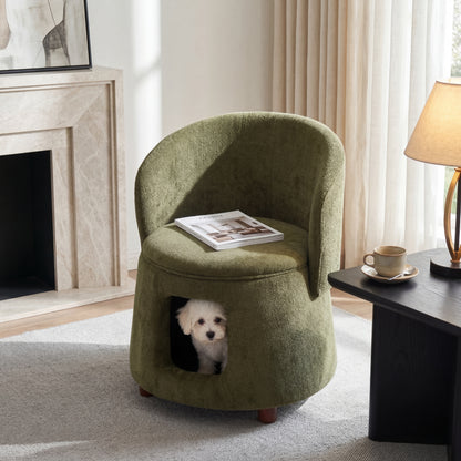 Green Pet Friendly Chair with Hidden Pet Nook, Convertible Stool, Storage Seat, 220lbs Capacity, Acacia Wood Legs image 3